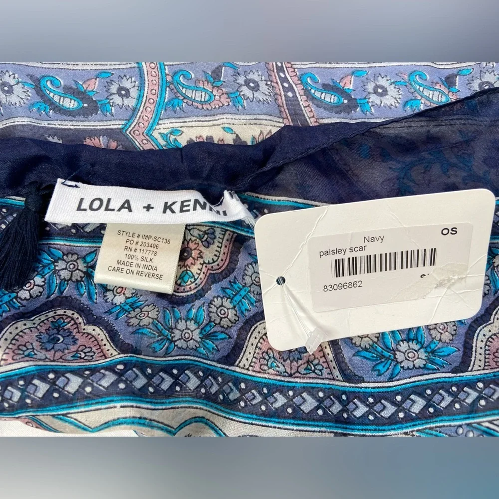 Lola + Kenni New Silk Scarf‎ Blue Paisley and Floral,  38” Square Tassles